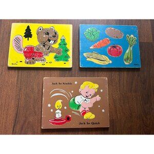 Vintage Sifo Wooden Puzzles Lot of 3 Jack Be Nimble Beaver Veggie Mid Century